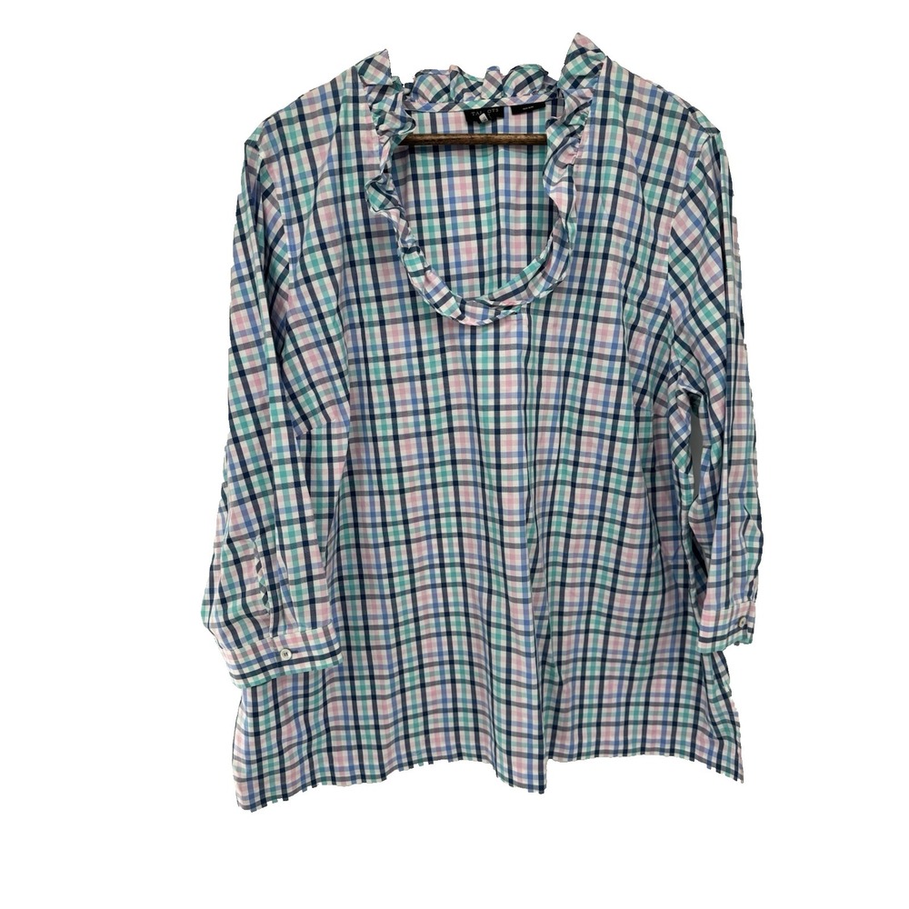 Talbots Ruffle Neck Popover Tunic Gingham Check Cotton 3/4 Sleeve Preppy 20W‎